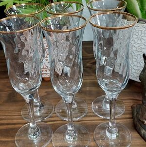 Set Of 6 Royale 24k Gold Rim Champagne Flutes Wine Glasses Hand Decorated 24K